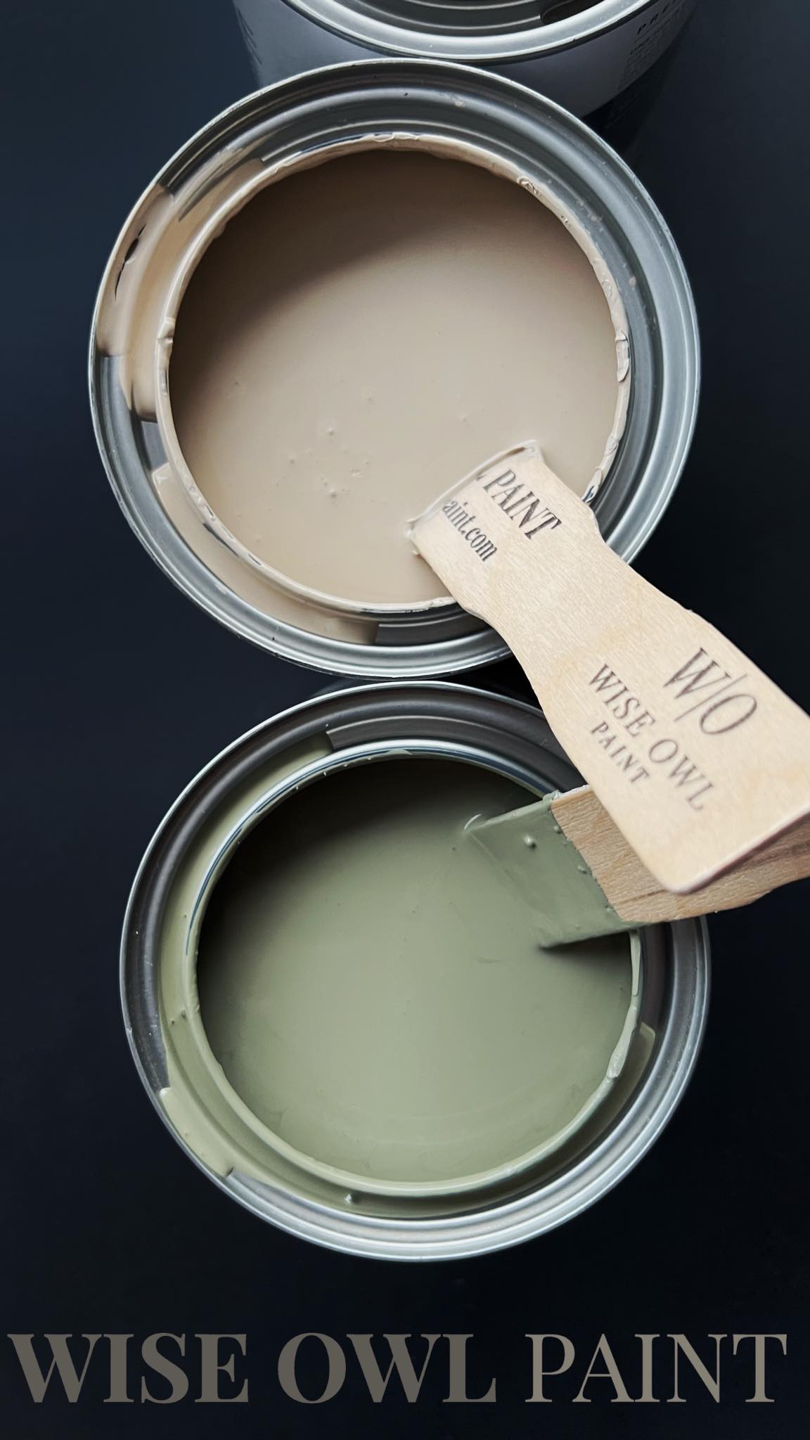 overland green and safari jacket paints in paint cans from wise owl paint one hour enamel wilderness collection. dark gray background