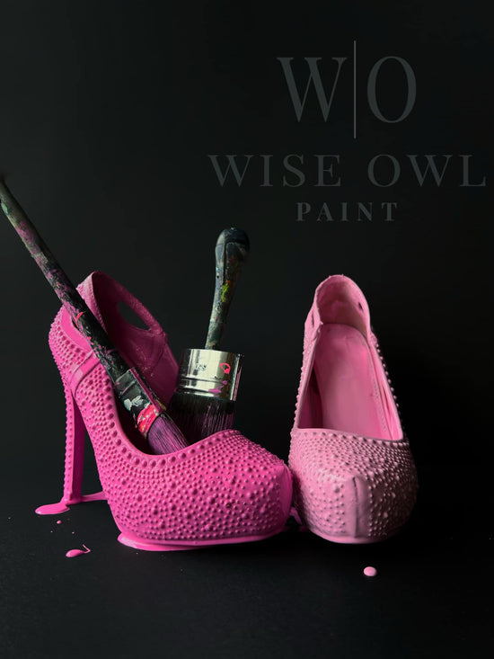 two high heel shoes painted in two different shades of barbie pink by wise owl paint chalk synthesis paint